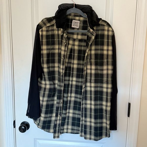 Furst of a Kind Tops - Furst of a Kind Plaid Flannel Shirt with Mesh Sleeves and Hood